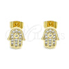 Oro Laminado Stud Earring, Gold Filled Style Hand of God Design, with White Micro Pave, Polished, Golden Finish, 02.344.0111