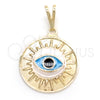 Oro Laminado Fancy Pendant, Gold Filled Style Evil Eye Design, Azul claro Enamel Finish, Golden Finish, 05.32.0082