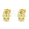 Oro Laminado Stud Earring, Gold Filled Style Hand of God Design, with Multicolor Micro Pave, Polished, Golden Finish, 02.310.0040