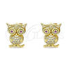Oro Laminado Stud Earring, Gold Filled Style Owl Design, with White and Ruby Micro Pave, Polished, Golden Finish, 02.342.0171