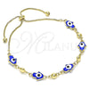 Oro Laminado Adjustable Bolo Bracelet, Gold Filled Style Hand of God Design, Blue Enamel Finish, Golden Finish, 03.213.0142.1.10 (01 MM Thickness, 10 Inches Length)