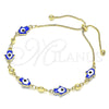 Oro Laminado Adjustable Bolo Bracelet, Gold Filled Style Hand of God Design, Blue Enamel Finish, Golden Finish, 03.213.0142.1.10 (01 MM Thickness, 10 Inches Length)