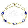 Oro Laminado Adjustable Bolo Bracelet, Gold Filled Style Hand of God Design, Blue Enamel Finish, Golden Finish, 03.213.0142.1.10 (01 MM Thickness, 10 Inches Length)