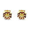 Oro Laminado Stud Earring, Gold Filled Style Flower Design, with Garnet Cubic Zirconia, Polished, Golden Finish, 02.346.0012
