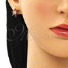 Oro Laminado Stud Earring, Gold Filled Style Flower Design, with Garnet and White Cubic Zirconia, Polished, Golden Finish, 02.346.0014