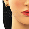 Oro Laminado Stud Earring, Gold Filled Style Flower Design, with Garnet Cubic Zirconia, Polished, Golden Finish, 02.346.0017