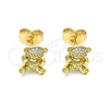 Oro Laminado Stud Earring, Gold Filled Style Teddy Bear Design, with White Micro Pave, Polished, Golden Finish, 02.310.0079