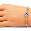 Oro Laminado Fancy Bracelet, Gold Filled Style Evil Eye Design, with White Micro Pave, Blue Enamel Finish, Golden Finish, 03.368.0075.08 (04 MM Thickness, 8 Inches Length)