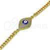 Oro Laminado Fancy Bracelet, Gold Filled Style Evil Eye Design, with White Micro Pave, Blue Enamel Finish, Golden Finish, 03.368.0075.08 (04 MM Thickness, 8 Inches Length)