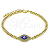 Oro Laminado Fancy Bracelet, Gold Filled Style Evil Eye Design, with White Micro Pave, Blue Enamel Finish, Golden Finish, 03.368.0076.08 (04 MM Thickness, 8 Inches Length)