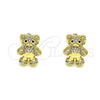 Oro Laminado Stud Earring, Gold Filled Style Teddy Bear Design, with White Micro Pave, Polished, Golden Finish, 02.156.0645