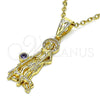 Oro Laminado Religious Pendant, Gold Filled Style San Lazaro Design, with Amethyst Cubic Zirconia, Polished, Golden Finish, 05.253.0165