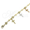 Oro Laminado Charm Bracelet, Gold Filled Style Crucifix and Heart Design, Polished, Tricolor, 03.351.0140.07 (07 MM Thickness, 7 Inches Length)