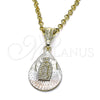 Oro Laminado Religious Pendant, Gold Filled Style Guadalupe and Teardrop Design, Diamond Cutting Finish, Tricolor, 05.351.0219
