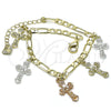 Oro Laminado Charm Bracelet, Gold Filled Style Crucifix Design, Polished, Tricolor, 03.351.0150.07 (05 MM Thickness, 7 Inches Length)