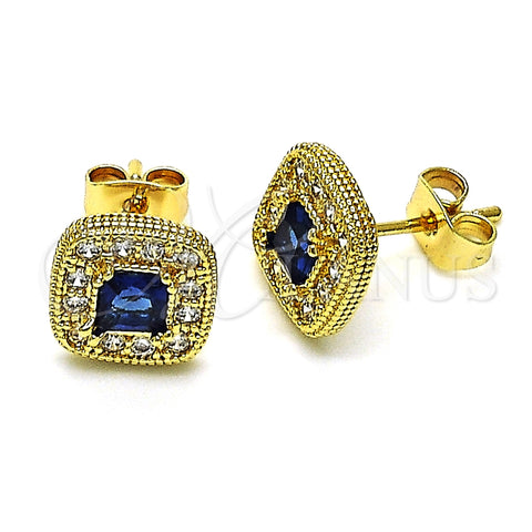 Oro Laminado Stud Earring, Gold Filled Style with Sapphire Blue Cubic Zirconia and White Micro Pave, Polished, Golden Finish, 02.344.0082.2