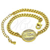 Oro Laminado Fancy Bracelet, Gold Filled Style Heart and Love Design, with White Micro Pave, Polished, Golden Finish, 03.193.0003.08 (04 MM Thickness, 8 Inches Length)
