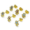 Oro Laminado Stud Earring, Gold Filled Style Hand and Evil Eye Design, Azul claro Enamel Finish, Golden Finish, 02.213.0399.2