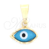 Oro Laminado Fancy Pendant, Gold Filled Style Evil Eye Design, Azul claro Enamel Finish, Golden Finish, 05.32.0088