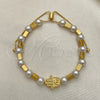 Oro Laminado Adjustable Bolo Bracelet, Gold Filled Style Hand of God and Ball Design, with White Pearl, Polished, Golden Finish, 03.32.0574 (01 MM Thickness, 7 Inches Length)