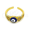Oro Laminado Multi Stone Ring, Gold Filled Style Evil Eye and Heart Design, with White Micro Pave, Blue Enamel Finish, Golden Finish, 01.310.0034 (One size fits all)
