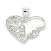 Sterling Silver Fancy Pendant, Heart and Mom Design, with White Cubic Zirconia, Polished, Raw, 05.398.0016