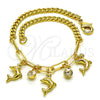 Oro Laminado Charm Bracelet, Gold Filled Style Dolphin and Paperclip Design, with White Crystal, Polished, Golden Finish, 03.63.2236.08 (04 MM Thickness, 8 Inches Length)