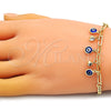 Oro Laminado Charm Bracelet, Gold Filled Style Evil Eye and Paperclip Design, with White Crystal, Blue Resin Finish, Golden Finish, 03.63.2240.08 (04 MM Thickness, 8 Inches Length)