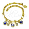 Oro Laminado Charm Bracelet, Gold Filled Style Evil Eye and Paperclip Design, with White Crystal, Blue Resin Finish, Golden Finish, 03.63.2240.08 (04 MM Thickness, 8 Inches Length)