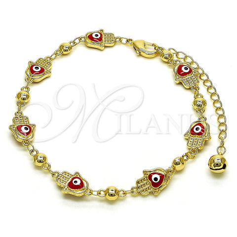 Oro Laminado Fancy Anklet, Gold Filled Style Hand of God and Heart Design, Red Enamel Finish, Golden Finish, 03.213.0146.1.10