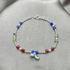 Sterling Silver Adjustable Bolo Bracelet, Ball and Evil Eye Design, with White Cubic Zirconia and Orange Red Crystal, Polished, Silver Finish, 03.402.0030.07 (02 MM Thickness, 7 Inches Length)