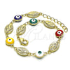 Oro Laminado Fancy Bracelet, Gold Filled Style Virgen Maria and Evil Eye Design, Multicolor Enamel Finish, Golden Finish, 03.213.0159.1.08