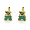 Oro Laminado Huggie Hoop, Gold Filled Style Teddy Bear Design, with Multicolor Micro Pave and White Cubic Zirconia, Turquoise Enamel Finish, Golden Finish, 02.210.0788.1.10