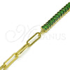 Oro Laminado Fancy Bracelet, Gold Filled Style Paperclip and Baguette Design, with Green Cubic Zirconia, Polished, Golden Finish, 03.341.0169.4.07 (05 MM Thickness, 7 Inches Length)