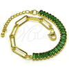 Oro Laminado Fancy Bracelet, Gold Filled Style Paperclip and Baguette Design, with Green Cubic Zirconia, Polished, Golden Finish, 03.341.0169.4.07 (05 MM Thickness, 7 Inches Length)