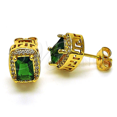 Oro Laminado Stud Earring, Gold Filled Style with Green Cubic Zirconia and White Micro Pave, Polished, Golden Finish, 02.342.0209