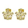Oro Laminado Stud Earring, Gold Filled Style Flower Design, with White Cubic Zirconia, Polished, Golden Finish, 02.283.0047