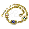 Oro Laminado Fancy Bracelet, Gold Filled Style Evil Eye and Miami Cuban Design, Multicolor Enamel Finish, Golden Finish, 03.213.0181.1.07 (04 MM Thickness, 7 Inches Length)
