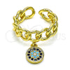 Oro Laminado Multi Stone Ring, Gold Filled Style Evil Eye and Curb Design, with Sapphire Blue and Turquoise Micro Pave, Polished, Golden Finish, 01.341.0092 (One size fits all)