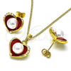 Oro Laminado Earring and Pendant Adult Set, Gold Filled Style Heart Design, with Ivory Pearl, Red Enamel Finish, Golden Finish, 10.379.0048.2