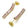 Oro Laminado Long Earring, Gold Filled Style Baguette Design, with Pink Cubic Zirconia, Polished, Golden Finish, 02.403.0001.2