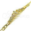 Oro Laminado Fancy Bracelet, Gold Filled Style San Judas and Figaro Design, with White Crystal, Polished, Golden Finish, 03.253.0080.07 (06 MM Thickness, 7 Inches Length)