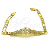 Oro Laminado Fancy Bracelet, Gold Filled Style San Judas and Figaro Design, with White Crystal, Polished, Golden Finish, 03.253.0080.07 (06 MM Thickness, 7 Inches Length)