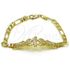 Oro Laminado Fancy Bracelet, Gold Filled Style San Judas and Figaro Design, with White Crystal, Polished, Golden Finish, 03.253.0080.07 (06 MM Thickness, 7 Inches Length)