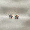 Oro Laminado Stud Earring, Gold Filled Style Flower Design, Multicolor Enamel Finish, Golden Finish, 02.02.0504
