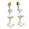 Oro Laminado Long Earring, Gold Filled Style Butterfly Design, Polished, Tricolor, 02.213.0452