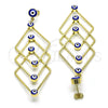 Oro Laminado Long Earring, Gold Filled Style Evil Eye Design, Blue Enamel Finish, Golden Finish, 02.213.0454