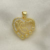 Oro Laminado Fancy Pendant, Gold Filled Style Heart and Mom Design, with White Cubic Zirconia, Polished, Golden Finish, 05.341.0065