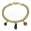 Oro Laminado Charm Bracelet, Gold Filled Style Figa Hand and Evil Eye Design, with Black and Garnet Crystal, Red Enamel Finish, Golden Finish, 03.213.0215.08 (05 MM Thickness, 8 Inches Length)