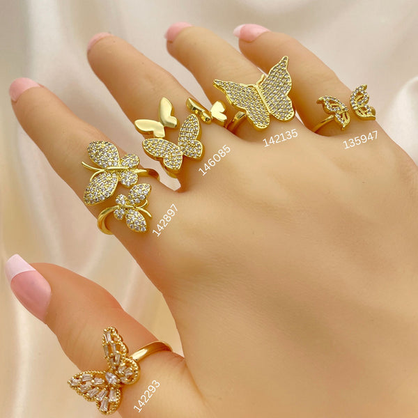 20 anillos surtidos de zirconia mariposa en oro laminado por $100 ($5.00 c/u) en oro laminado